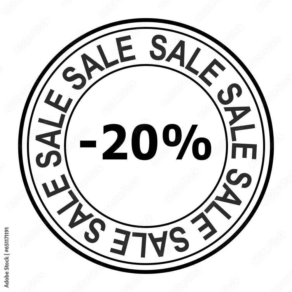 simple sale round sale stamp black and white -20% without background