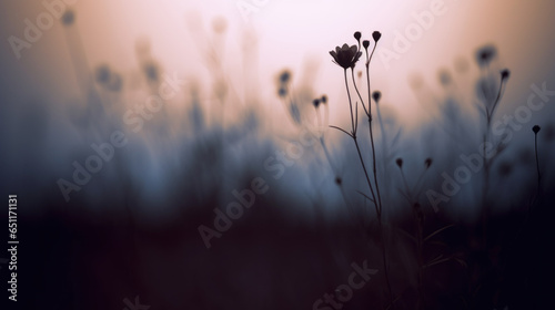 vue à contre jour de fleurs de la prairie au soleil couchant, arrière plan flou et rosé