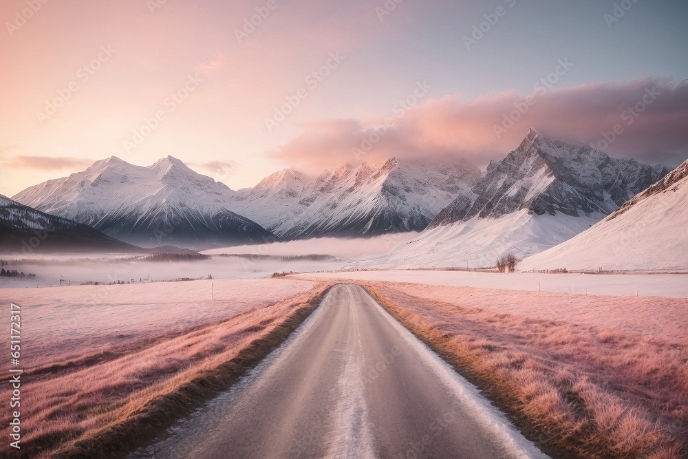 A deserted mountain road. Generative AI.