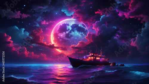 neon light art  in the dark of night  moonlit seas  clouds  moon  stars  colorful  detailed  4k