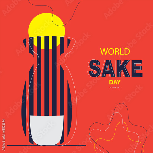 World Sake Day on october 1, with vector illustration bottle style line art shapes, sun, glass and text isolated on abstract background for celebrate World Sake Day.