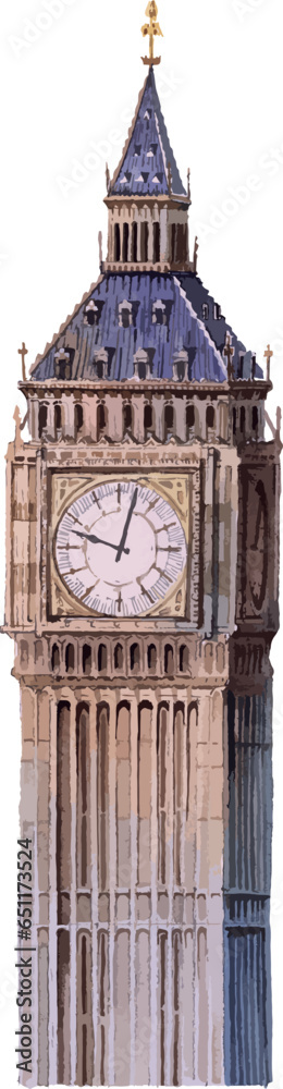 Watercolor style flat drawing of the British historical landmark monument of the BIG BEN, LONDON