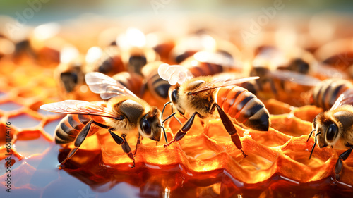 Closeup of honey bees on wax honeycomb with hexagonal cells for apiary and beekeeping concept. 
 photo