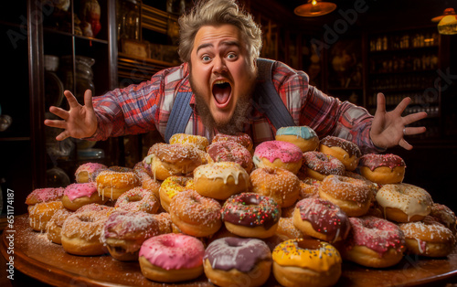 Enthusiastic man in front of a table full of donuts