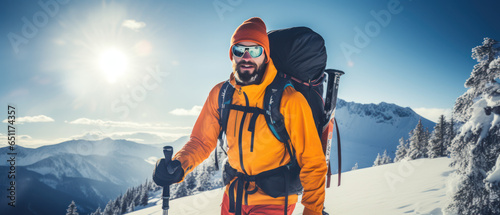 Mountaineer Backcountry Skiing in Snowy Alpine Landscape