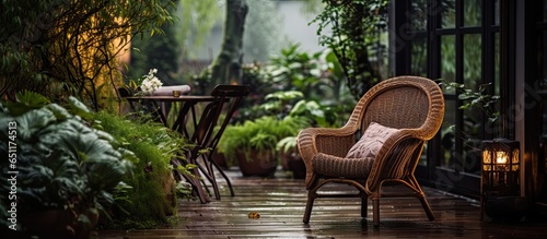 Fotografia Rattan chair in a rainy courtyard evening