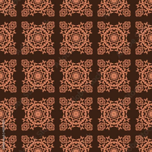 openwork coral squares on a dark brown background. decorative seamless pattern. monochrome ornate ornament. cell. tile. interior design. print. cover.