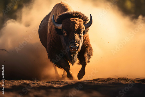 Bull bison running dust on ground