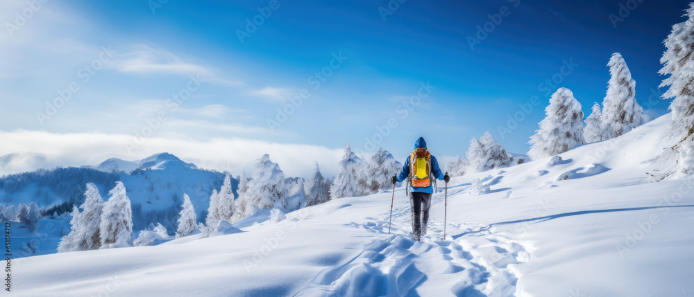 Mountaineer Backcountry Skiing in Snowy Alpine Landscape