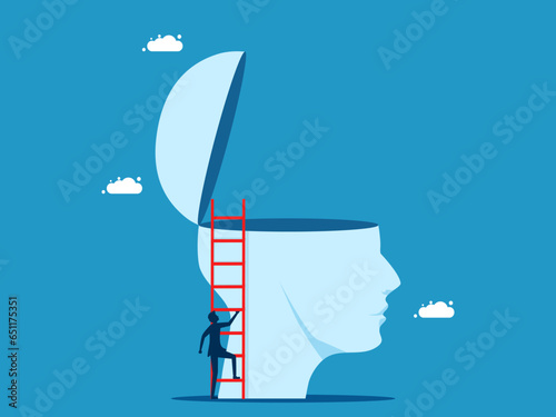 Businessman climbs to the top of a big head with a ladder. Vector