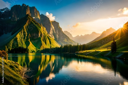 A breathtaking panorama unveils itself as the sky and mountains unite in a breathtaking display of color. Blue and Green Sky and Mountain. The mountains appear as ancient sentinels, their slopes cover photo