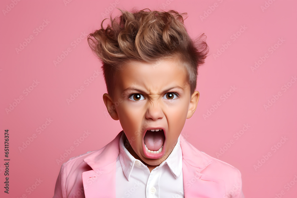 Angry  little boy child  shouting or screaming. Facial emotions. Empty space studio shot isolated on pink background