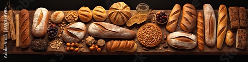 Wide variety of bread, loaf rye, sourdough bread and baguette on a cutting boart. Top view on a black background.  photo