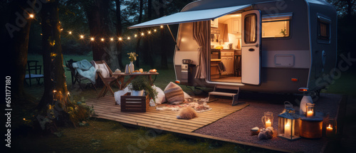 Outdoor Caravan Trailer in Campsite with Decorations and Picnic Setup