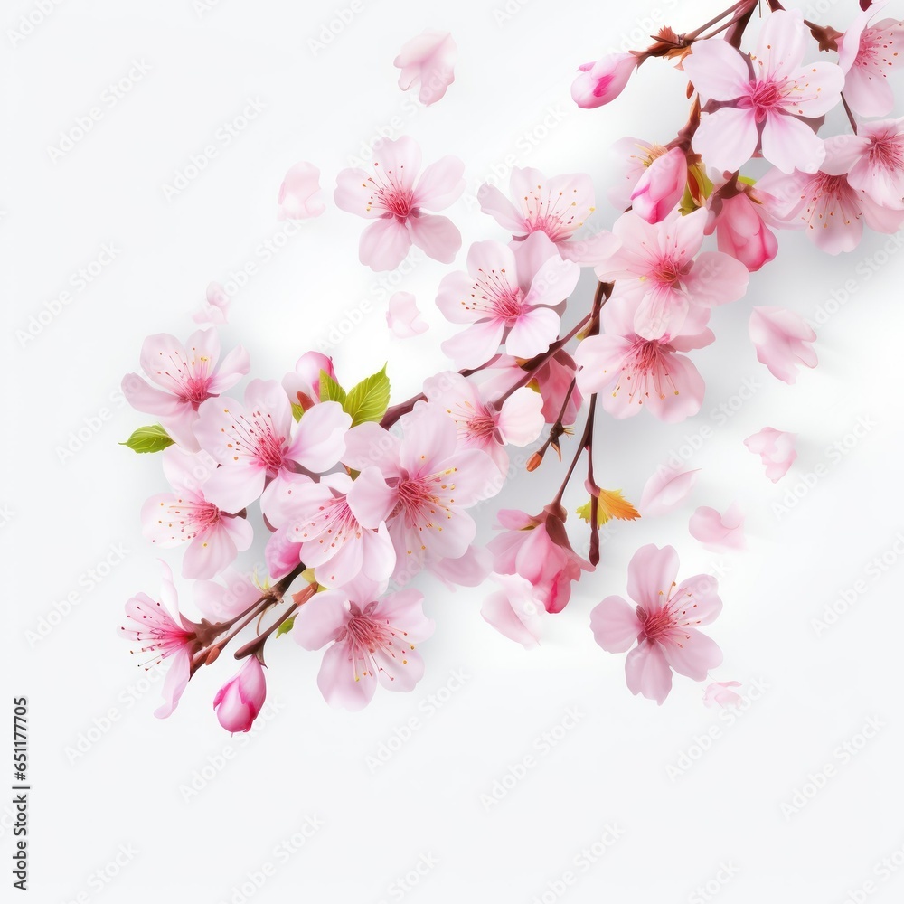 Branch with beautiful sakura flowers and falling petals, cherry blossom