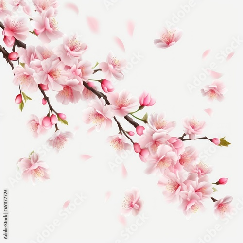 Branch with beautiful sakura flowers and falling petals, cherry blossom
