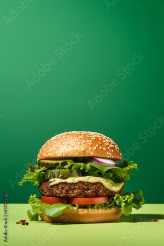 Burger with vegan meat patty isolated on green background. Copy space.