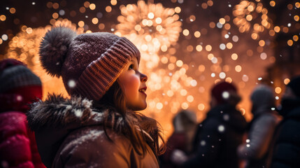 Child wonderment as they watch their first New Year fireworks display, their eyes wide with amazement and delight in a snowy park in front of firework display