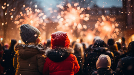 Child wonderment as they watch their first New Year fireworks display, their eyes wide with amazement and delight in a snowy park in front of firework display