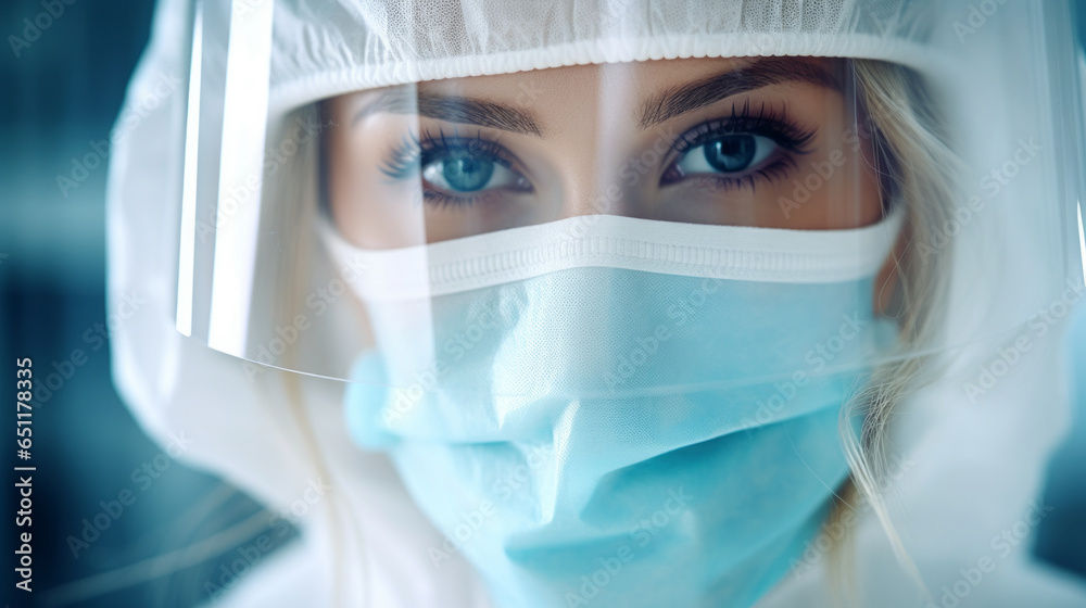 Close-up face view of a healthcare professional in protective gear Close-up face view of a healthcare professional in protective gear