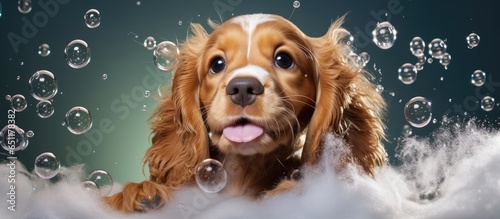 Plakat w ramie Cocker spaniel pup bathing in bubbles