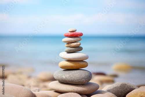 A pile of stones stacked on a pebbly beach  balance  ocean background