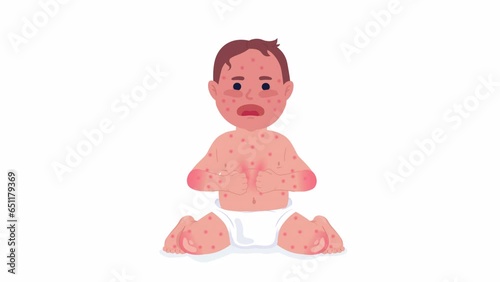 Crying baby with measles 2D character animation. Little child high fever flat cartoon 4K video, transparent alpha channel. Chicken pox infant boy in diapers animated person on white background photo