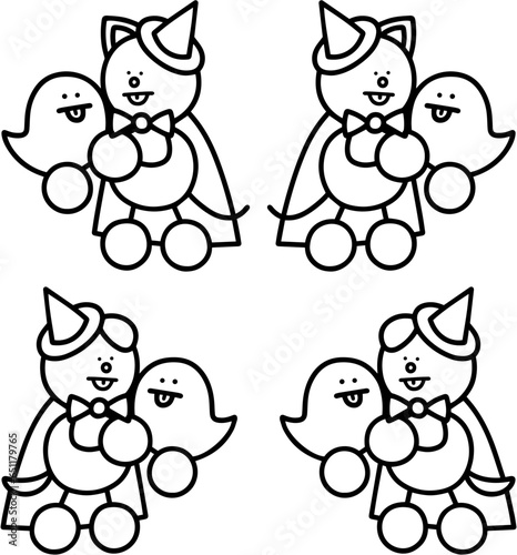 おばけと仮装するわんまるとにゃんまるの線画セット　犬　猫

