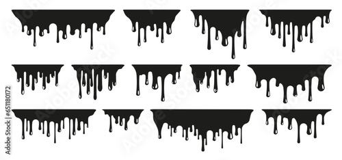 Black melting paint. Dripping splatter and dribble brush strokes with stain and leak, dirty fluid brush icons. Vector isolated set. Different borders with flowing ink, sticky liquid design