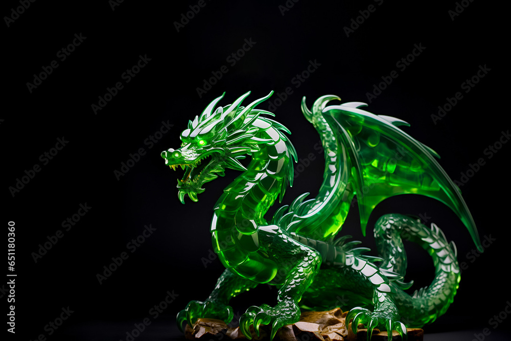 Obraz premium Statue of green dragon on dark background with copy space