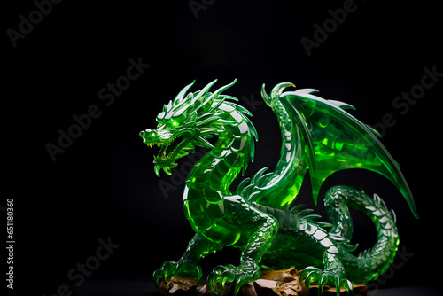 Statue of green dragon on dark background with copy space