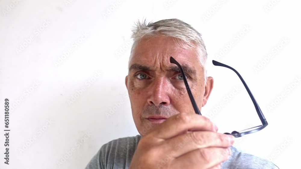 White man looking intently at the camera puts on his glasses. Reversible clip. White man looking intently at the camera puts on his glasses. Reversible clip.