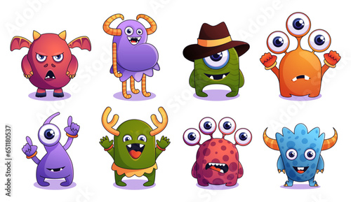 Funny monster collection. Cute comic monster faces funny expressions, alien creatures of different colors and sizes. Vector isolated set of characters creature, alien animal at halloween illustration