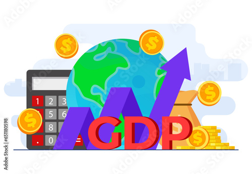 Gross domestic product concept flat illustration vector template, Stacks of money, National economy, Monetary policy, GDP,  Economic Growth, Public finance, Growth arrow chart, Cash and globe