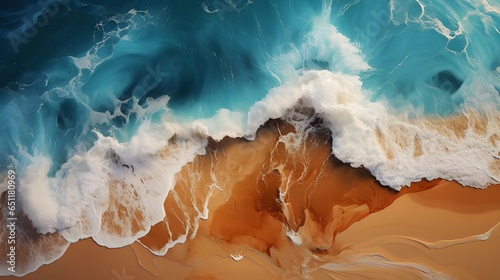 Hyper realistic photography, Abstract hypnotic illusion of turquoise ocean waves over gold sand