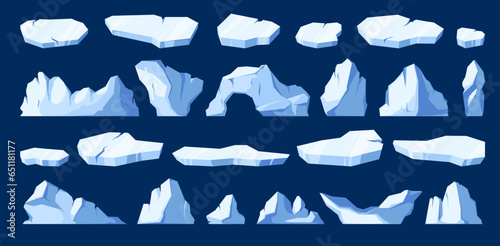 Floating ice. Cartoon frozen glacier and arctic ice mountain pieces, white glacier block with frosty surface and icy corners. Vector isolated set of glacier snow floating illustration