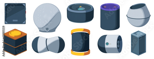 Smart assistant speaker. AI voice control system with wireless loudspeaker, cartoon flat wireless speakers with voice recognition application. Vector isolated set of voice system speaker illustration