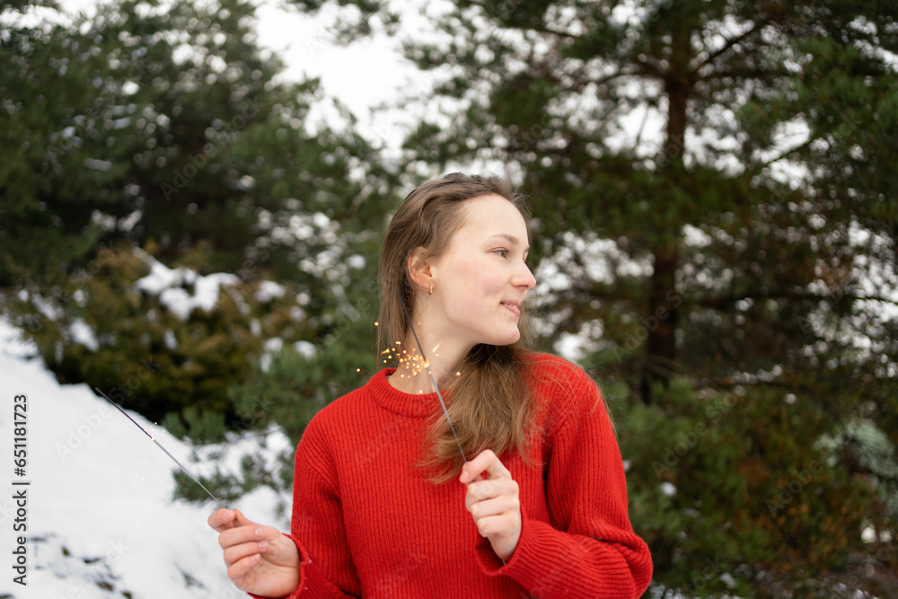 A young beautiful woman in a red sweater holds sparklers celebrating the new year against the background of snow and Christmas trees. A young beautiful woman in a red sweater holds sparklers celebrating the new year against the background of snow and Christmas trees.