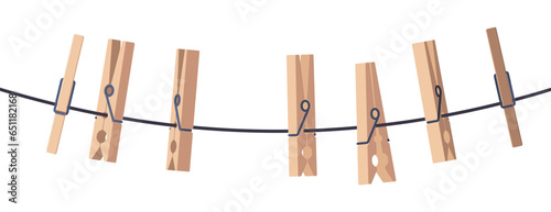 Clothes pin on ropes. Blank white paper with text pin banner, vintage sticky memo placard for sale announcement. Vector illustration of wooden hang rope clip