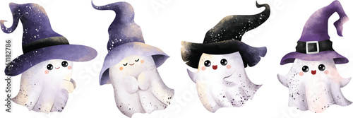 Watercolor illustration set of cute little ghost wears witch hat