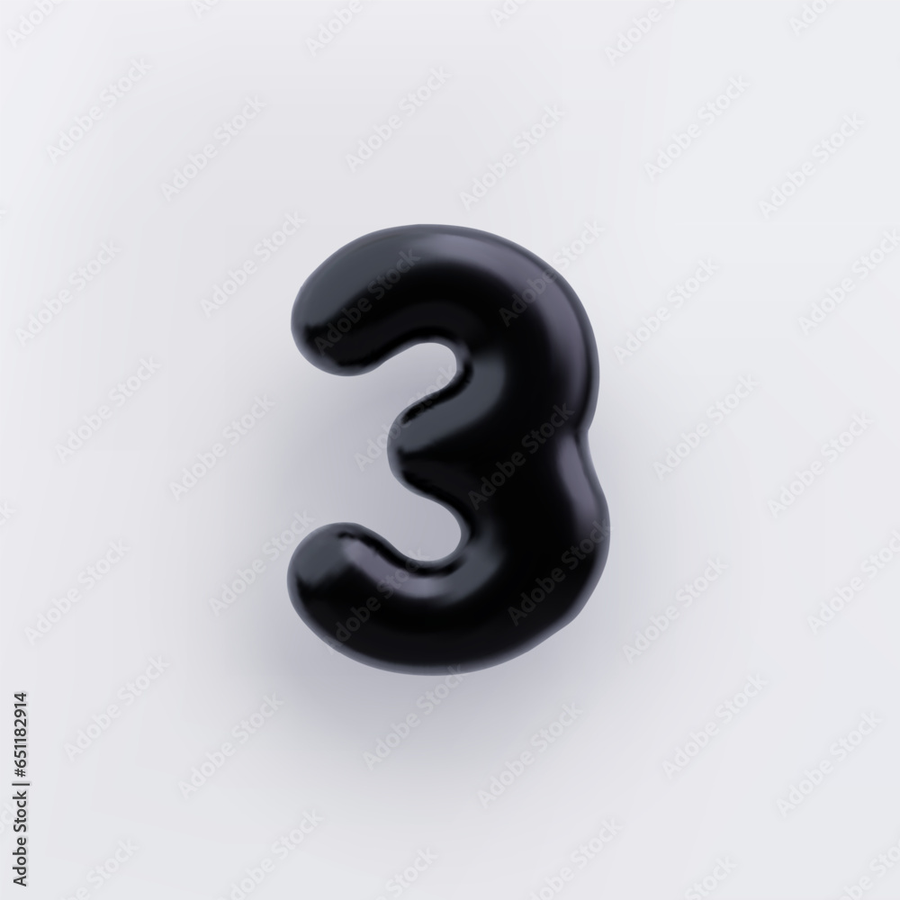 3D Black number 3 with a glossy surface on a white background 3D Black number 3 with a glossy surface on a white background