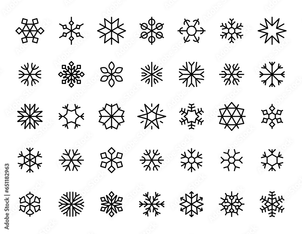 Black snowflake symbols. Frozen snowfall crystal icons for Christmas New year celebration, snowflake silhouettes geometric monogram elements. Vector set. Seasonal holiday, snowstorm
