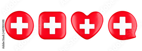 Set of glossy medical crosses in realistic 3d style. First aid sign and symbol on a white background.