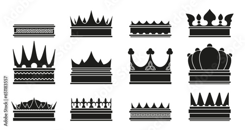 Black king crown. Medieval nobleman ranking emblem silhouette, luxury monarchy insignia, success and victory award. Vector isolated set. Coronation royalty symbol for prince and princess