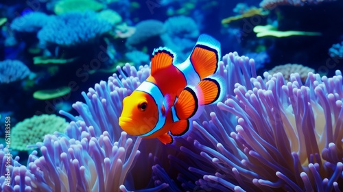 An orange and white clown fish swimming among vibrant coral