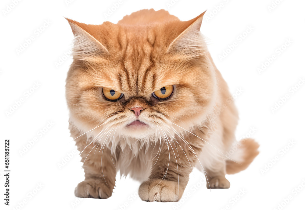 Angry funny ginger cat isolated on transparent background, png. Annoyed cat
