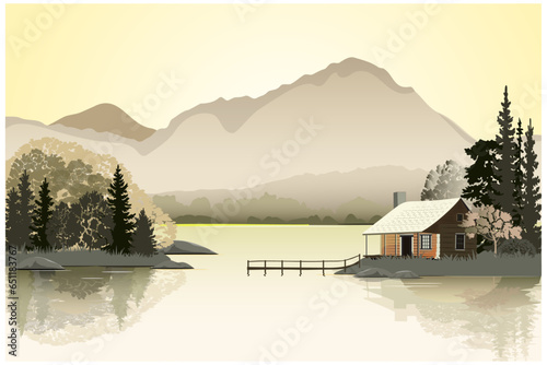 Natural landscape with wooden house in the forest near the lake. Vector illustration.