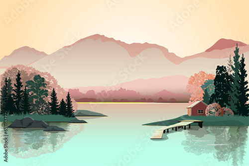 Natural landscape with wooden house in the forest near the lake. Vector illustration.