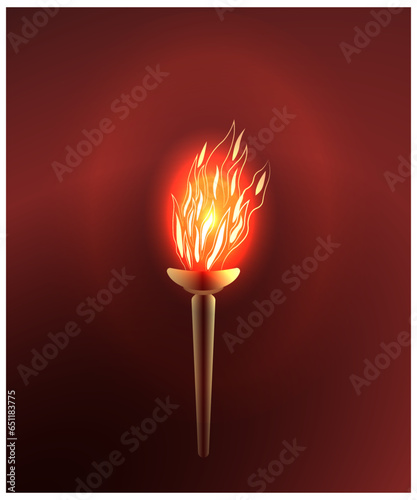 Burning torch on dark red background. Vector illustration.