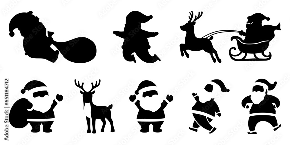 Santa Claus, deer, Santa in sleigh silhouette collection for Christmas decoration. Santa Claus in sleigh full of gifts with reindeer. Merry Christmas silhouette set